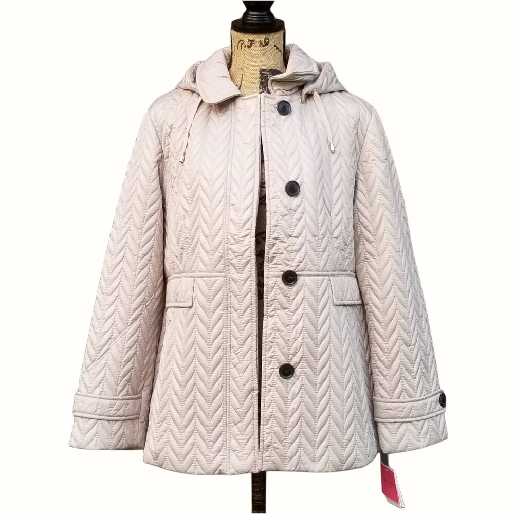 Kate Spade Quilted Moto Jacket Size XL Tan Hooded Coat Water Resistant New